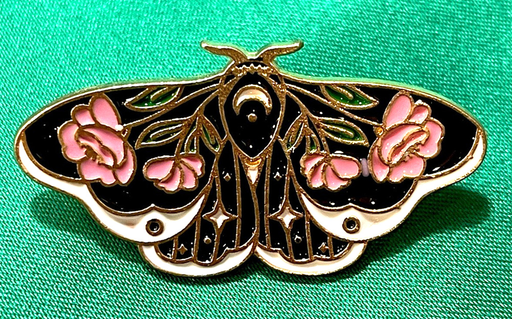 NWOT Moth Butterfly Brooch Lapel Pin Enamel Black Pink Rose Green Leaves